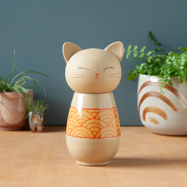 Kokeshi-Inspired Ceramic Kitty Jar - Citrus Wave