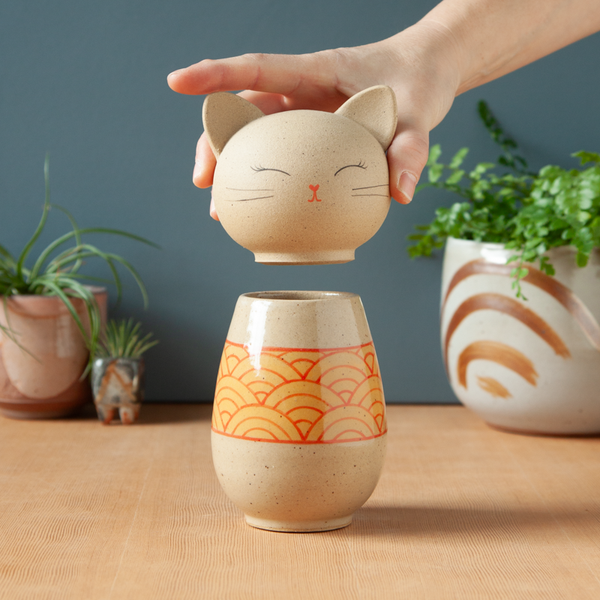 Kokeshi-Inspired Ceramic Kitty Jar - Citrus Wave