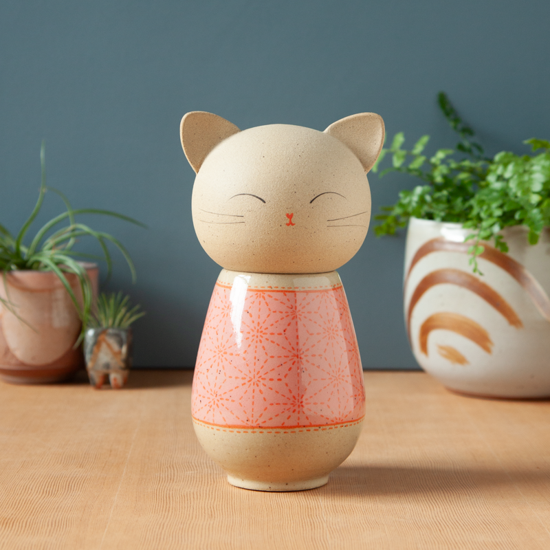 Kokeshi-Inspired Ceramic Kitty Jar - Pink Sashiko