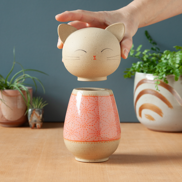 Kokeshi-Inspired Ceramic Kitty Jar - Pink Sashiko