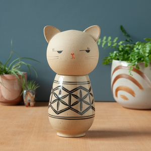 Kokeshi-Inspired Ceramic Kitty Jar - Black Hexagon