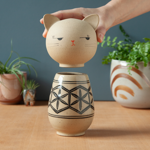 Kokeshi-Inspired Ceramic Kitty Jar - Black Hexagon