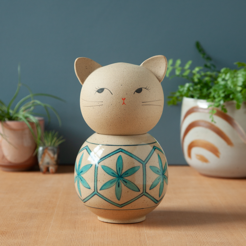 Kokeshi-Inspired Ceramic Kitty Jar - Blue Asanoha