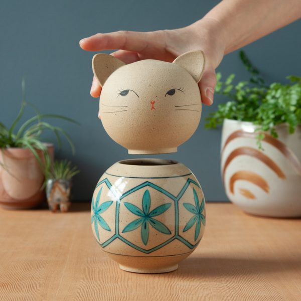 Kokeshi-Inspired Ceramic Kitty Jar - Blue Asanoha