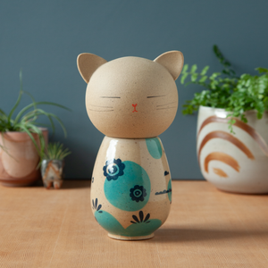 Kokeshi-Inspired Ceramic Kitty Jar - Blue Floral Dreamer