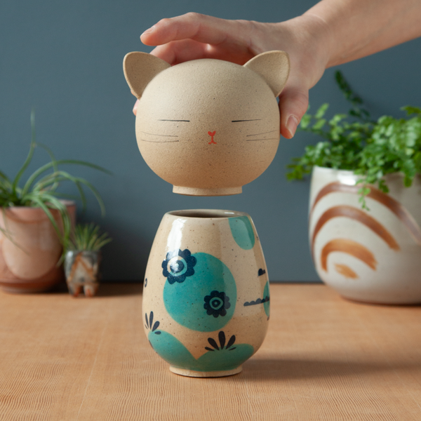 Kokeshi-Inspired Ceramic Kitty Jar - Blue Floral Dreamer