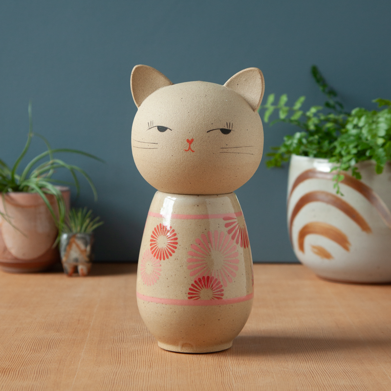 Kokeshi-Inspired Ceramic Kitty Jar - Pink Kiku (Chrysanthemum)