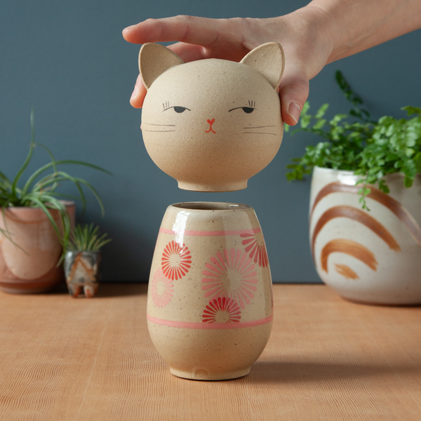 Kokeshi-Inspired Ceramic Kitty Jar - Pink Kiku (Chrysanthemum)