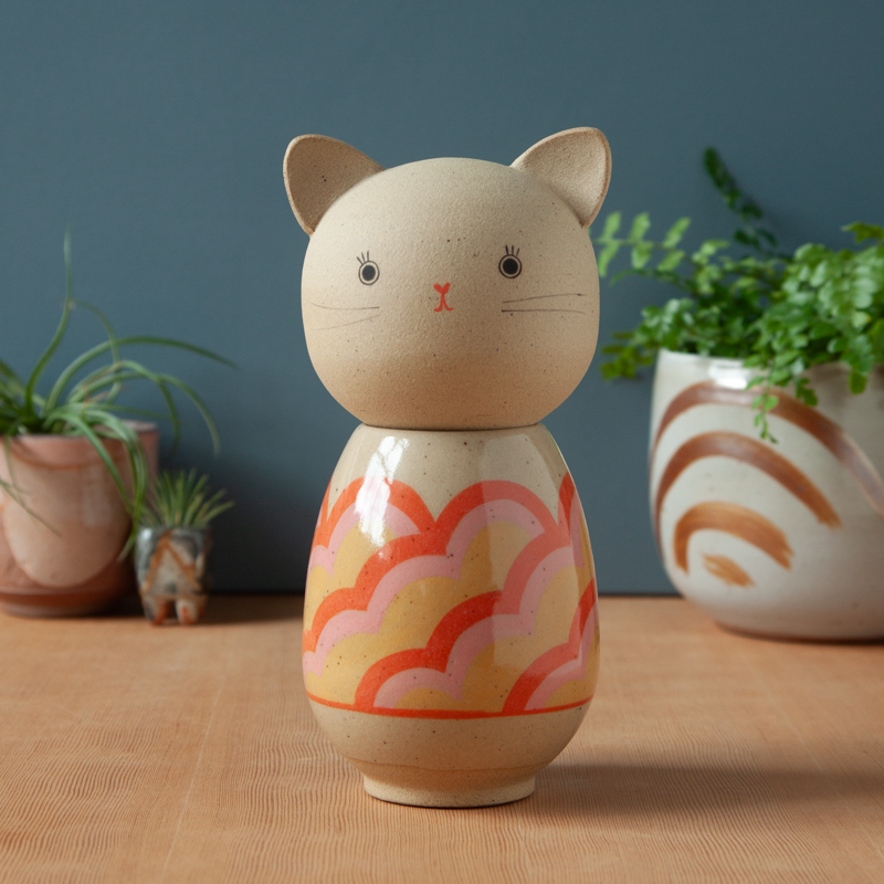 Kokeshi-Inspired Ceramic Kitty Jar - Citrus Rainbow