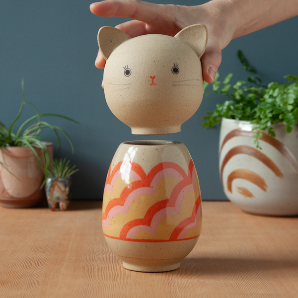 Kokeshi-Inspired Ceramic Kitty Jar - Citrus Rainbow