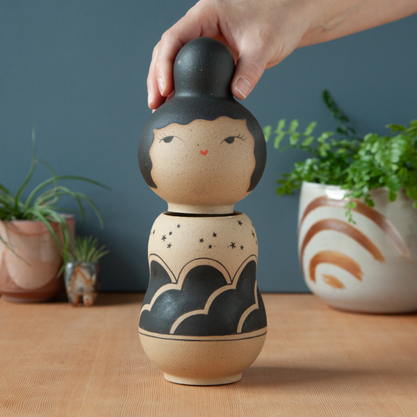 Kokeshi-Inspired Ceramic Jar - Dark Night