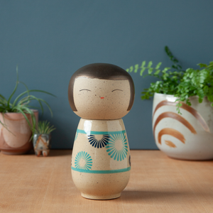 Kokeshi-Inspired Ceramic Jar - Blue Kiku (Chrysanthemum)