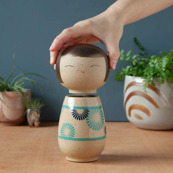 Kokeshi-Inspired Ceramic Jar - Blue Kiku (Chrysanthemum)