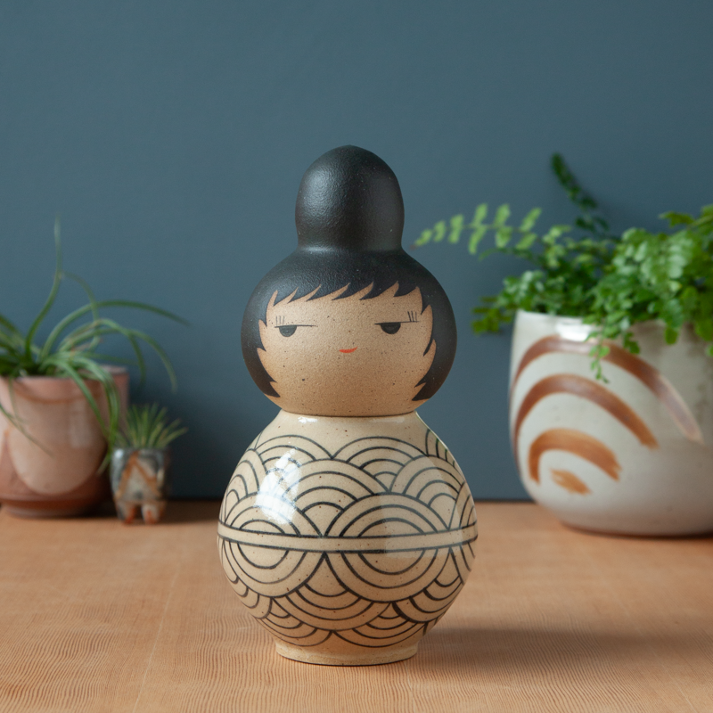 Kokeshi-Inspired Ceramic Jar - Round Waves