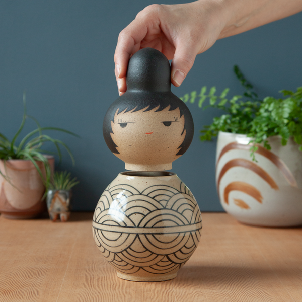 Kokeshi-Inspired Ceramic Jar - Round Waves