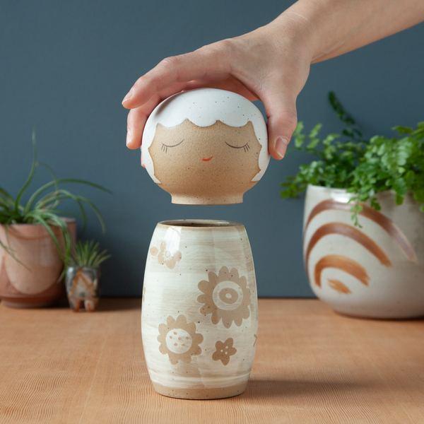 Kokeshi-Inspired Ceramic Jar - Neutral Floral