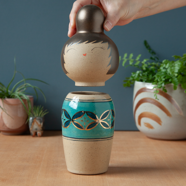 Kokeshi-Inspired Ceramic Jar - Turquoise Seven Treasures