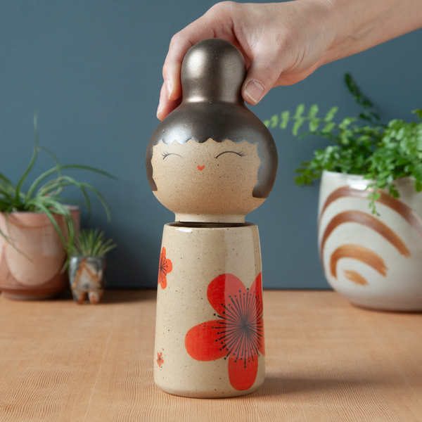 Kokeshi-Inspired Ceramic Jar - Bold Ume (Plum Blossom)